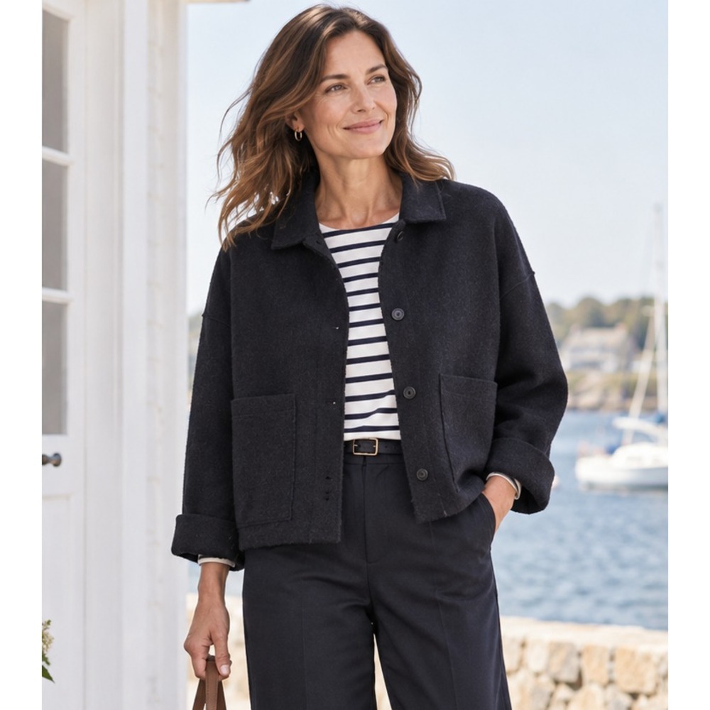 Eileen Fisher XS Nocturne Lightweight Boiled Wool Jacket Navy Boxy Minimalist